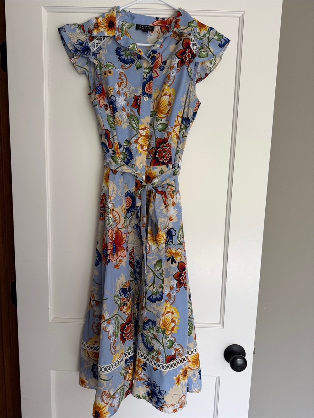 Tahari Blue Floral Tie-Waist Midi Dress